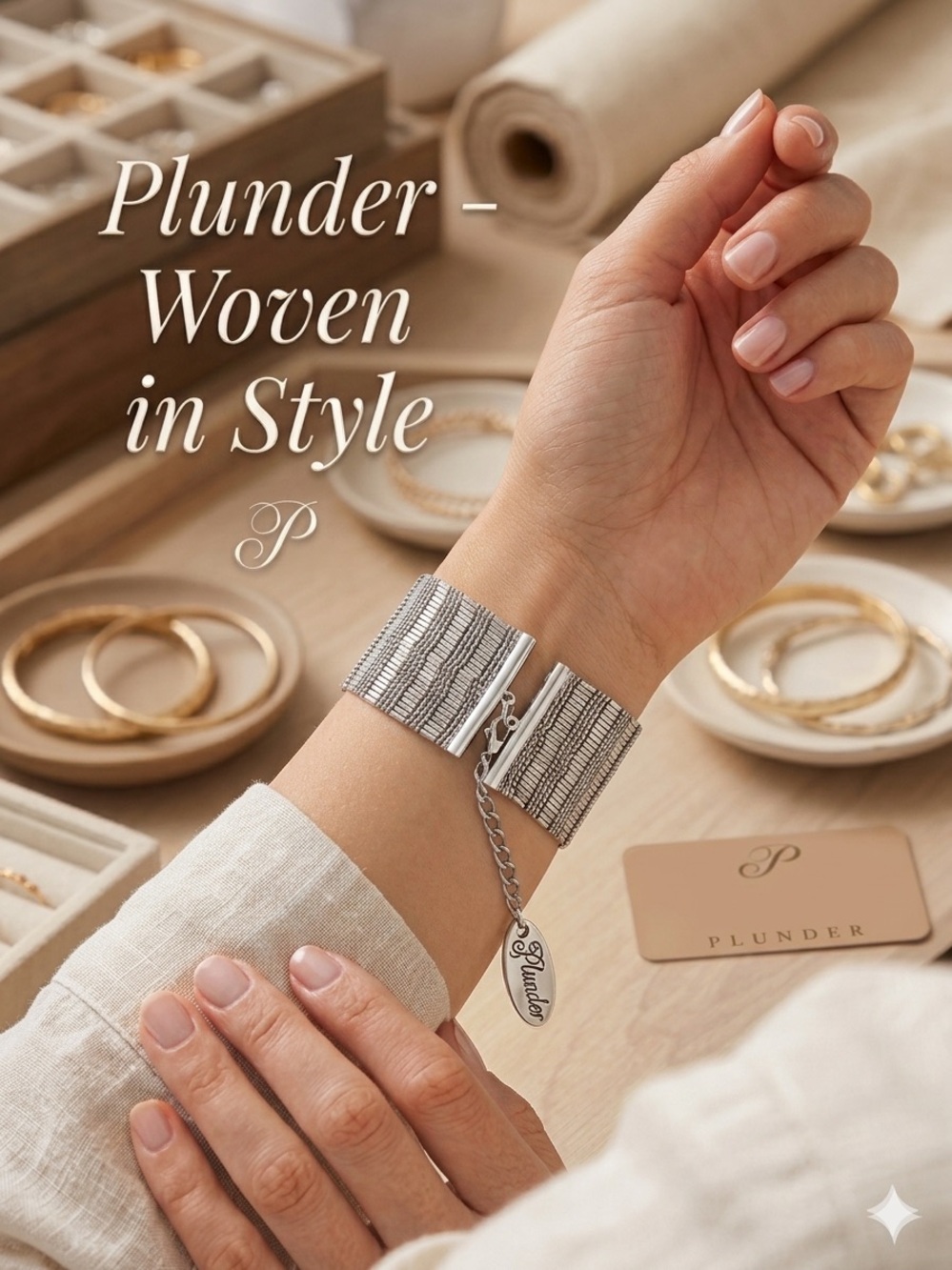 Plunder Design Silver Textured Woven Metallic Wide Statement Cuff Bracelet